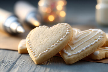 Festive sugar cookie setup with piping bags in the background for holiday dessert preparations