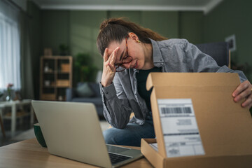 Woman experiencing frustration with online shopping delivery problem