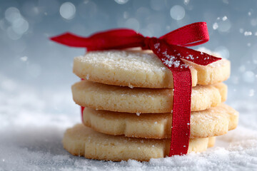 Shortbread cookie stack wrapped in a red ribbon offering a warm and classic holiday presentation