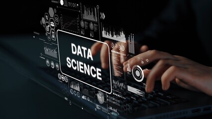 Hands Typing on a Keyboard with Digital Data Science Graphics and Analytics Charts in a Dark Environment. Asymptotic smart data analytic.