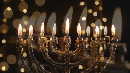 Hanukkah Menorah with Seven Burning Candles and Bokeh Lights