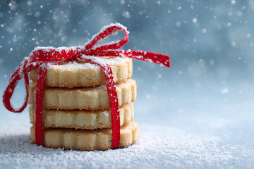 Stack of shortbread cookies tied with red ribbon creating a simple and charming holiday treat