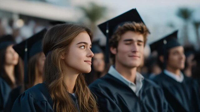 Proud students stand together on campus, reflecting on years of learning as the graduation ceremony highlights the end of school life and the start of high ambitions. cinematic color correction,