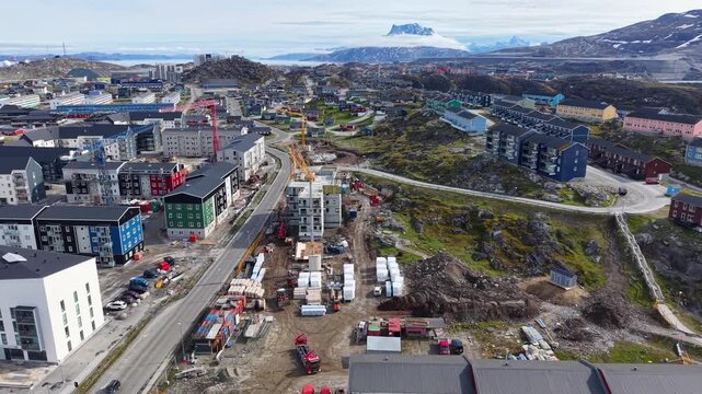 GREENLAND - 11.4.2025 - Very good aerial panorama of a construction site in Nuuk, Greenland.