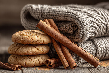 Winter setup of cookies on wool scarf with cinnamon sticks adding a cozy holiday touch