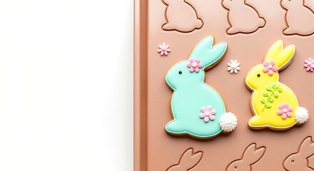 Obraz premium Decorated Easter bunny cookies on a baking tray. Spring holiday treats with colorful icing. Flat lay background for banner with copy space