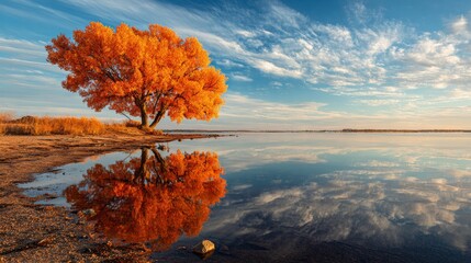 beautiful solitary autumn tree in the middle of a large lake in calm