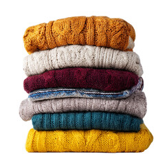 Stack of colorful knitted sweaters winter warmth cozy fashion isolated on transparent background.