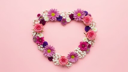 Obraz premium Heart-Shaped Floral Wreath with Pink Roses on Pastel Background