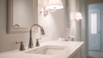 Bathroom sink with silver faucet and lighting