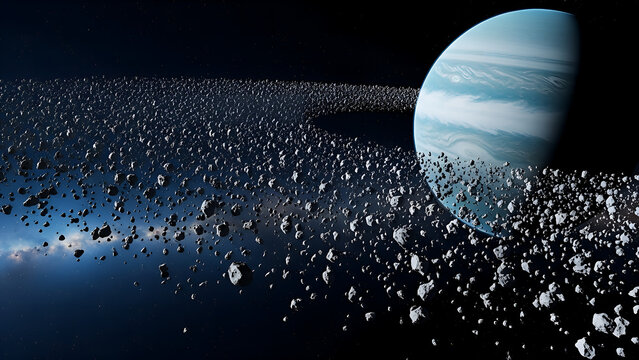 Stunning planet surrounded by asteroid field in deep space