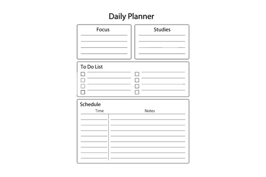 Minimalist daily planner template with focus, studies, and to-do sections - Powered by Adobe