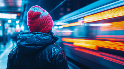 Person in red beanie and winter jacket stands on cool-toned city train platform at night, observing dynamic, blurred streaks of orange and blue light from rapidly passing subway, creating vibrant scen