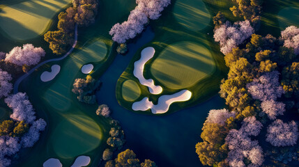 Stunning Aerial View of Pristine Golf Course Featuring Lush Green Fairways, Intricate White Sand Bunkers, Serene Water Hazards, and Vibrant Pink Blossoming Trees Under Soft Morning Light.