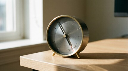 Modern metal clock on a clean desk with hands positioned near a marked deadline hour. Soft natural window light highlights the clock face. Time management, urgency, productivity concept.