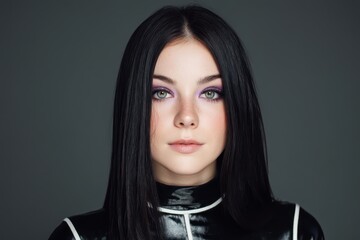 Straight black hair frames a serene face with striking green eyes and bold purple eyeshadow. The black outfit has white piping, adding a futuristic touch to the portrait