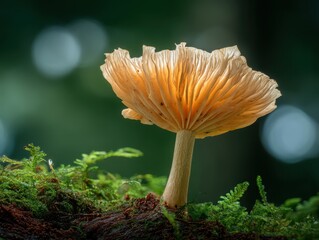 Mushroom with wavy gills stands on a mossy log, illuminated from below, creating a soft, enchanting glow. Background features a soft-focus bokeh effect with light circles