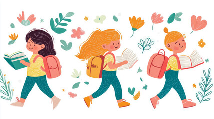 Cheerful cartoon illustration of three diverse schoolgirls walking happily with backpacks and open books amidst whimsical floral and leaf designs, symbolizing education and love for reading.