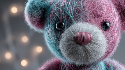 Colorful yarn teddy bear with shiny black eyes and pink and blue fur, detailed fibers and fluffy texture, bright fairy lights softly glowing in the blurred background