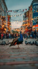 A peacock stands prominently on a cobblestone street, surrounded by pigeons. Festive hanging lights and blurred buildings line the background, creating a vibrant city atmosphere