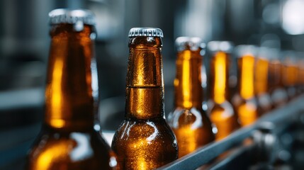 Brown glass bottles with silver caps neatly arranged in a row on a conveyor belt, creating a glossy, industrial look with blurred background emphasizing depth and uniformity