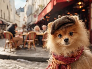 Cute pomeranian in hat and scarf sits on cobblestone street, outdoor cafe in background, patrons enjoying meals at small tables, warm and inviting atmosphere, soft focus backdrop