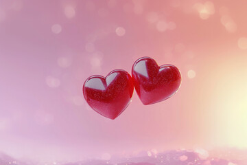 Two Red Hearts Floating on Pink Background, Love and Romance Concept. Generative AI