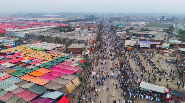 Wide Drone View Showing Prayer Congregation during Raiwind Tablighi Ijtema 2025, Lahore, Pakistan &ndash; 8 November 2025