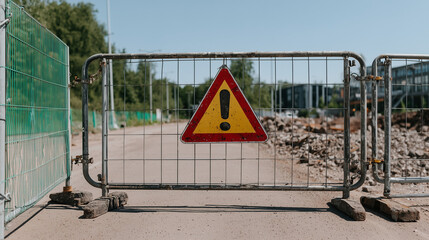 Triangular warning sign on temporary fence at construction site. Danger and caution symbol blocking access to restricted area. Road closed for safety