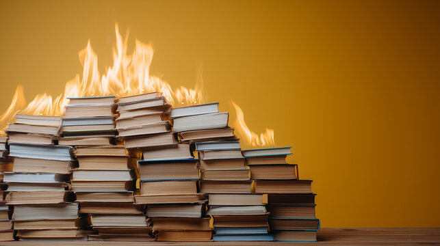 Pile of old books burning in a fire. Censorship and destruction of knowledge concept. Banned literature on fire with copy space