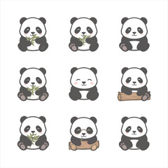 Fototapeta premium Set of decorative illustrations pandas. 