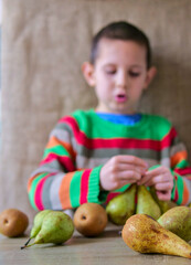 Fototapeta premium Young Boy Arranging a Variety of Fresh Pears on a Wooden Table