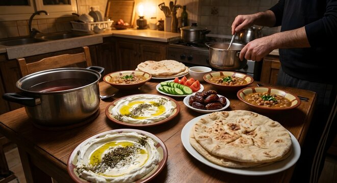 Ramadan suhoor preparation with traditional Arabic food in cozy kitchen