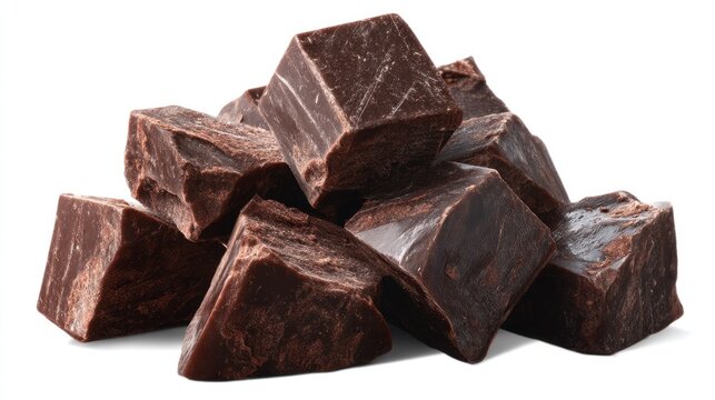Pile of delicious dark chocolate chunks isolated on white background.