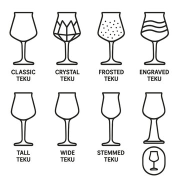 Types of teku glasses illustrated with classic, crystal, frosted, and engraved designs