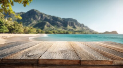 Fototapeta premium Empty wooden deck overlooking scenic tropical beach and lush green mountains.