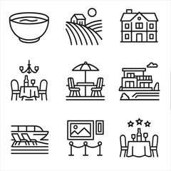 Fototapeta premium Minimalist line icons of dining, travel, and architecture on grey background