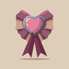 Decorative ribbon bow with heart center in soft pastel vector illustration for romantic design