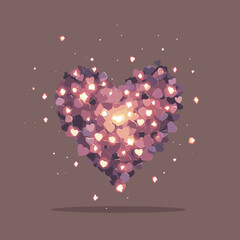 Glowing heart made of light particles floating in dark space romantic illustration