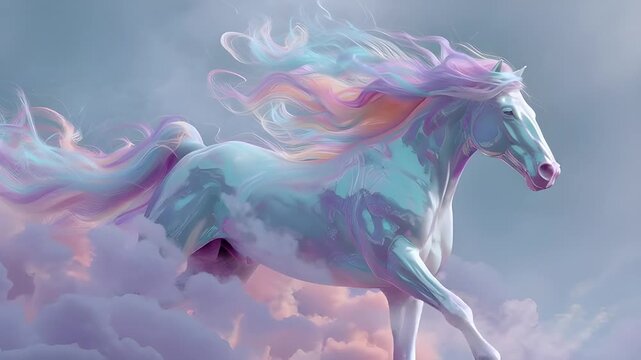 A majestic white horse with a flowing iridescent mane and tail gallops gracefully through soft, pastel-colored clouds in a dreamlike sky.