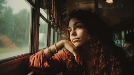 Thoughtful young hispanic female looking out a train window in contemplative mood.