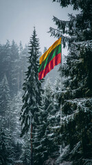 Lithuanian flag waving above winter forest in Baltic region during snowy weather
