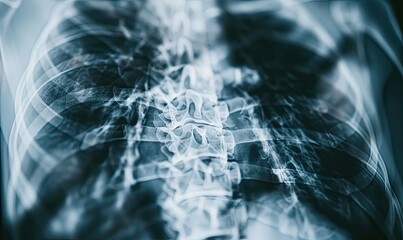 A detailed X-ray view of a human chest, showcasing the rib cage, spine, and internal organs