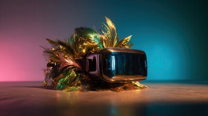 Golden VR headset surrounded by tropical feathers on colorful background