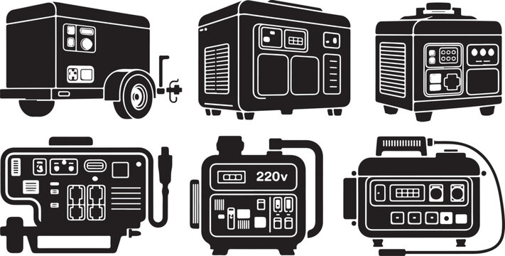 generator line art illustrations of six portable power units