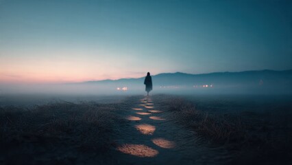 Fototapeta premium Solitary figure walking on stepping stones