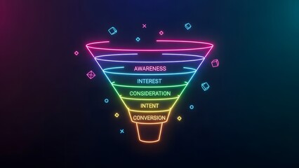 Neon funnel chart with colorful gradient and bubbles