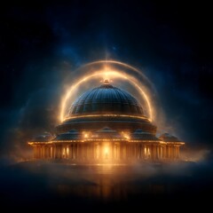 Obraz premium Glowing temple dome reflected on calm water high resolution picture
