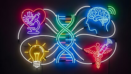 Neon signs representing science and medical concepts