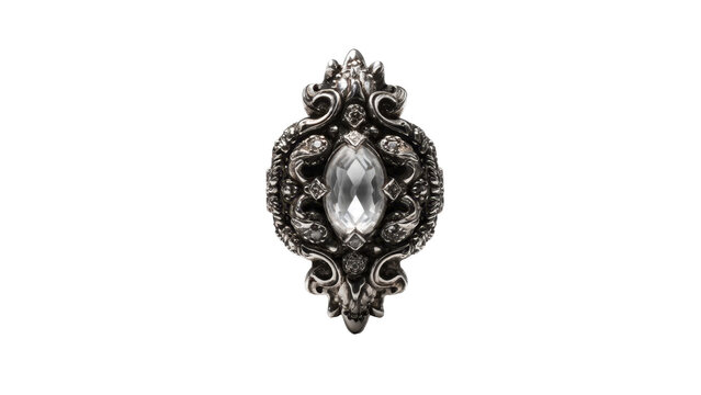 Ornate silver brooch with large crystal